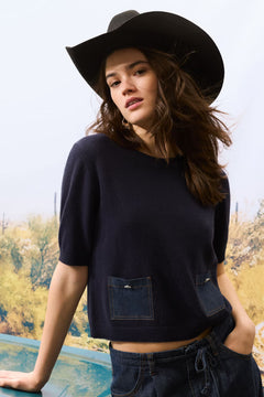 Oui Half Sleeve Sweater With Denim Pockets
