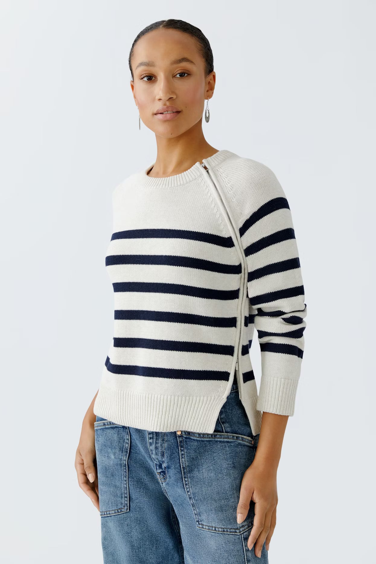 Oui Striped Sweater With Zipped Yoke