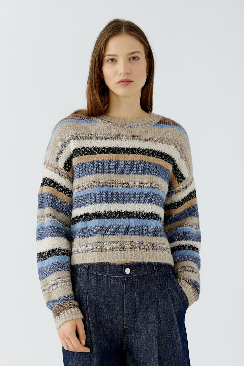 Oui Striped Mixed Media Pullover