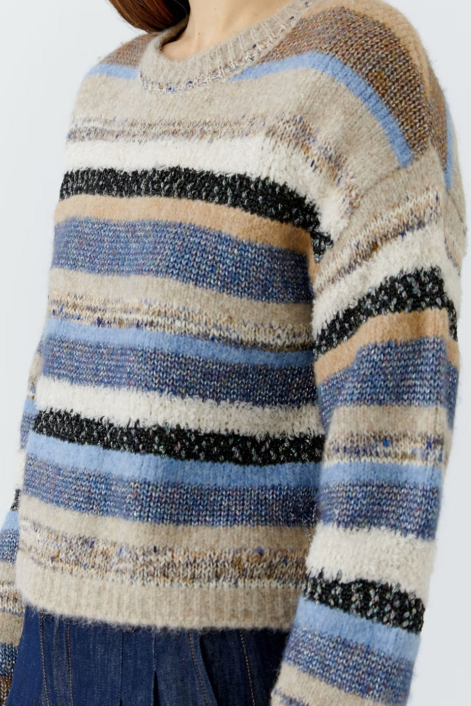 Oui Striped Mixed Media Pullover