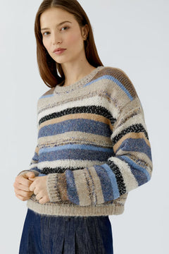 Oui Striped Mixed Media Pullover