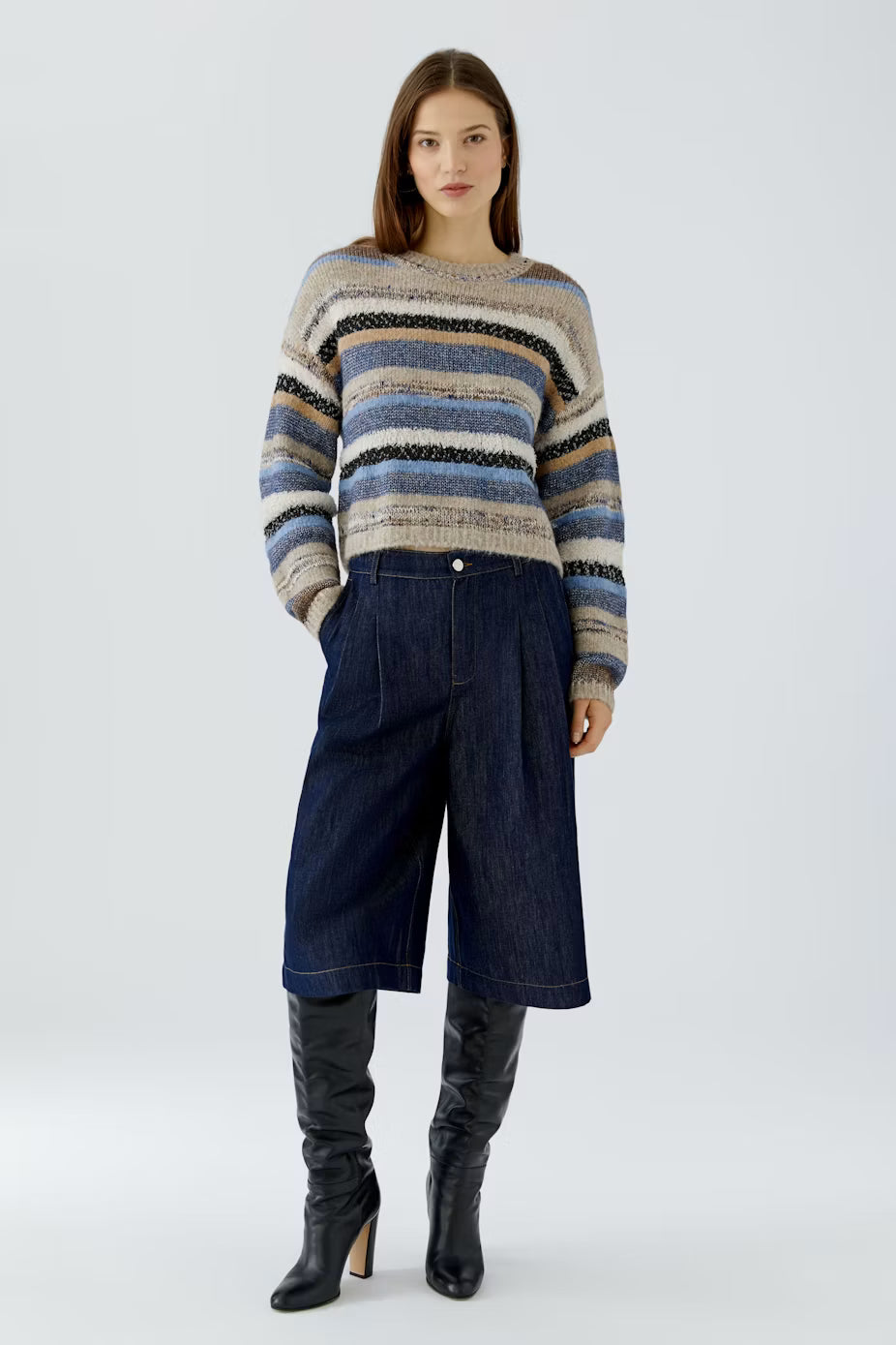 Oui Striped Mixed Media Pullover