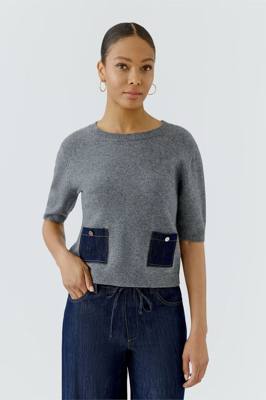 Oui Short Sleeve Sweater With Denim Pockets