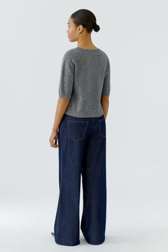 Oui Short Sleeve Sweater With Denim Pockets
