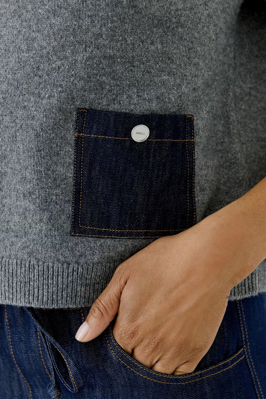 Oui Short Sleeve Sweater With Denim Pockets