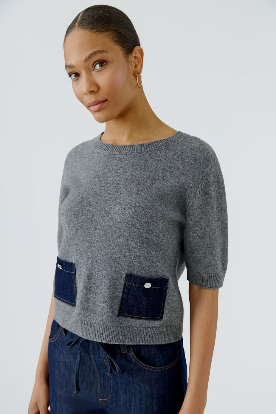 Oui Short Sleeve Sweater With Denim Pockets