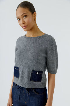Oui Short Sleeve Sweater With Denim Pockets