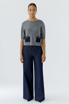 Oui Short Sleeve Sweater With Denim Pockets