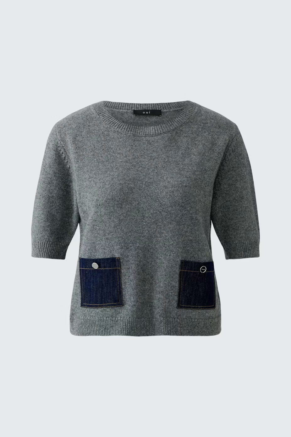 Oui Short Sleeve Sweater With Denim Pockets