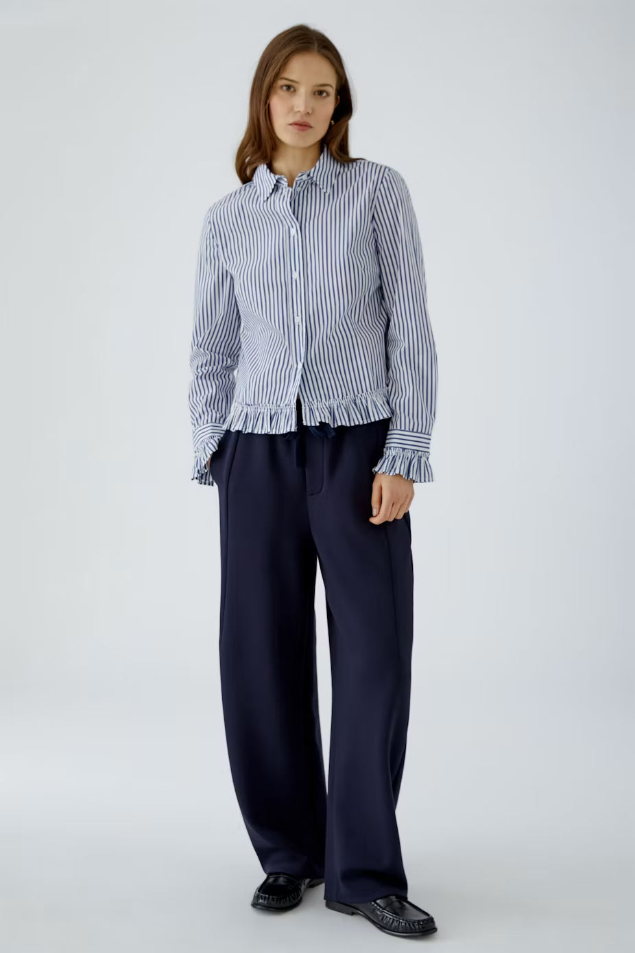Oui Ruffle Bottom Striped Blouse