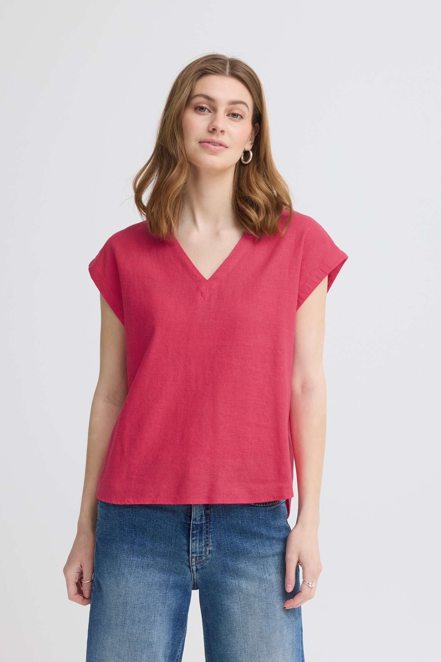 Ichi Linno V-Neck Short Sleeve Linen Blend Blouse