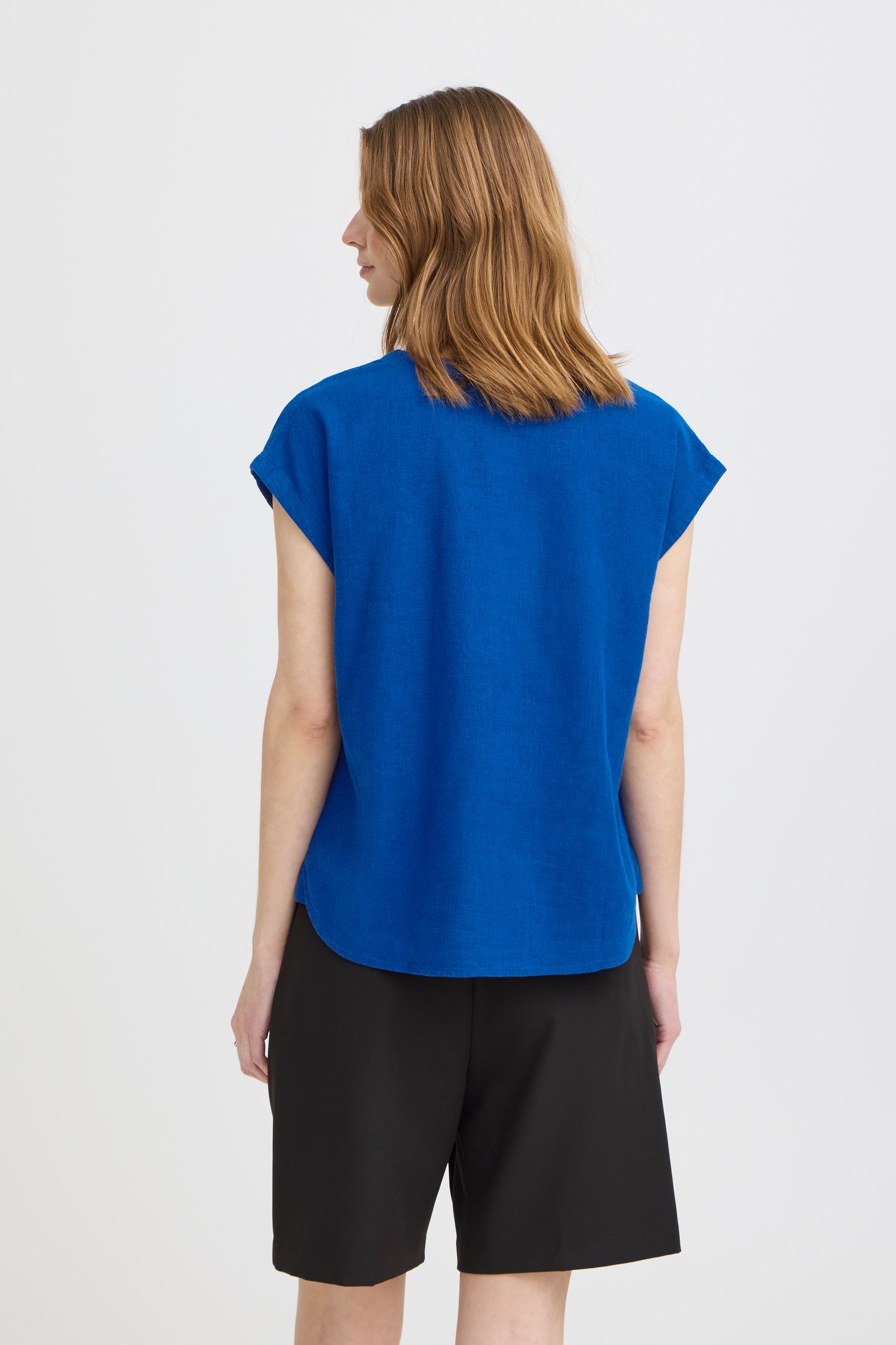 Ichi Linno V-Neck Short Sleeve Linen Blend Blouse