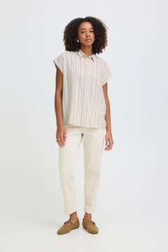 Ichi Linno Collared Short Sleeve Linen Blend Blouse