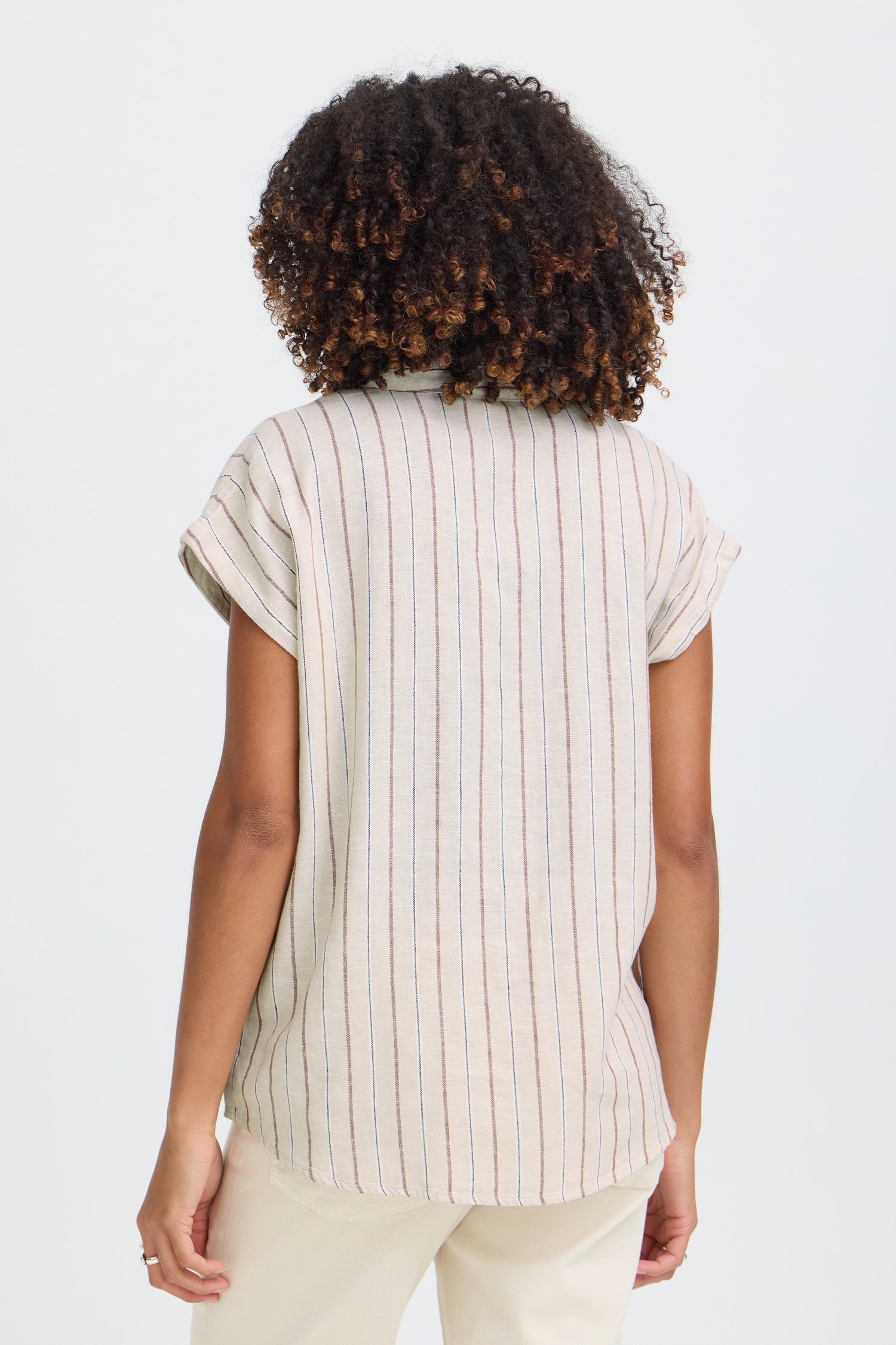 Ichi Linno Collared Short Sleeve Linen Blend Blouse