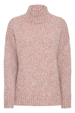 Ichi Fanny Sweater. A textured, long-sleeve knit turtleneck sweater in a heathered marled pattern of dusty pink, beige, and light brown, shown against a plain white background.