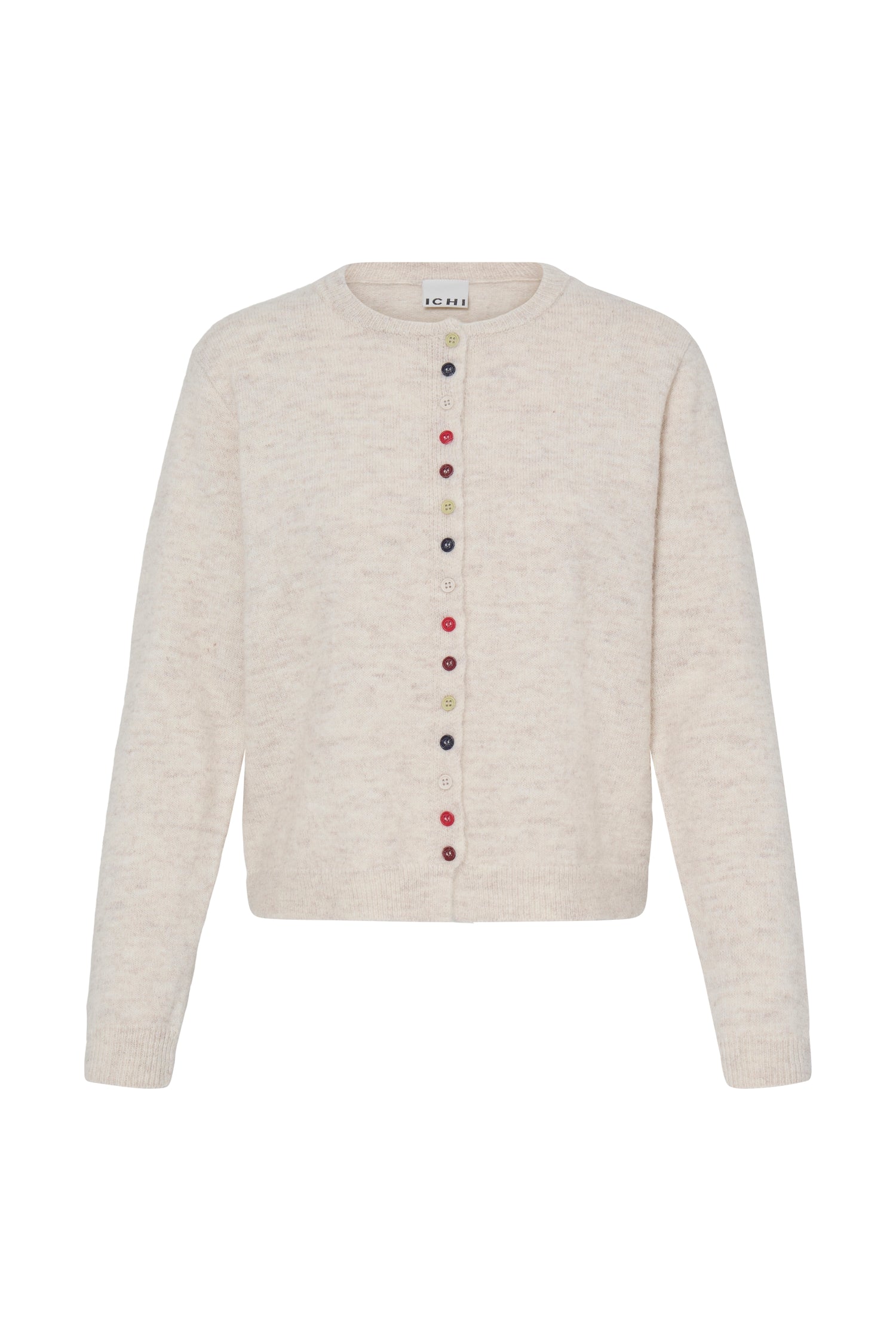 Ichi Fanita Cardigan. A cream-colored knit cardigan sweater with a vertical row of colorful decorative buttons down the front, displayed on a clean white background.