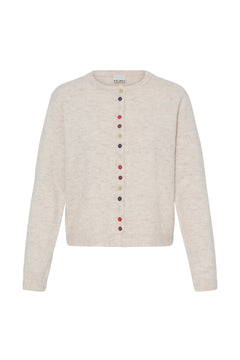 Ichi Fanita Cardigan. A cream-colored knit cardigan sweater with a vertical row of colorful decorative buttons down the front, displayed on a clean white background.