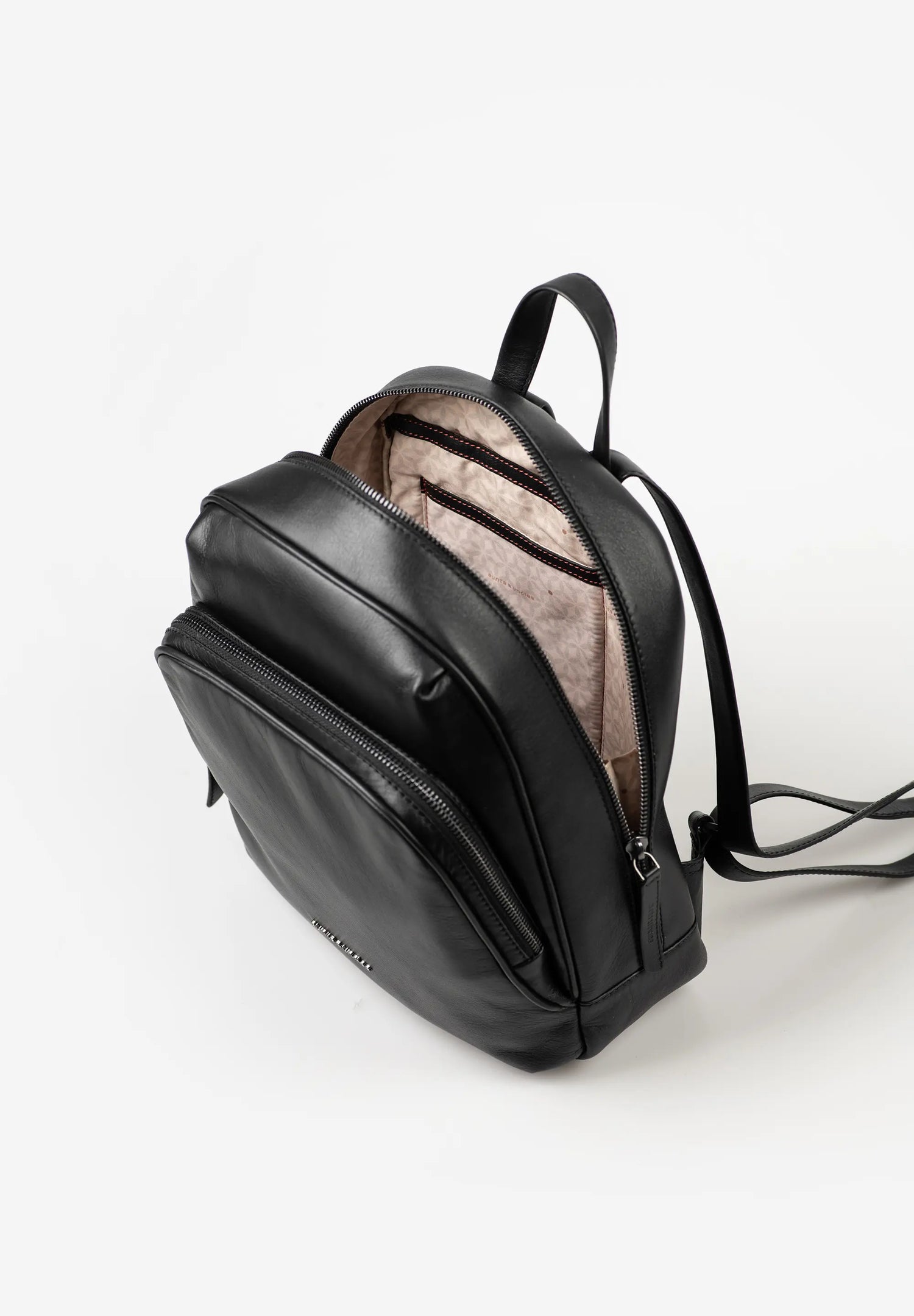 Aunts & Uncles Coco Leather Backpack Purse.  Black backpack on a white background