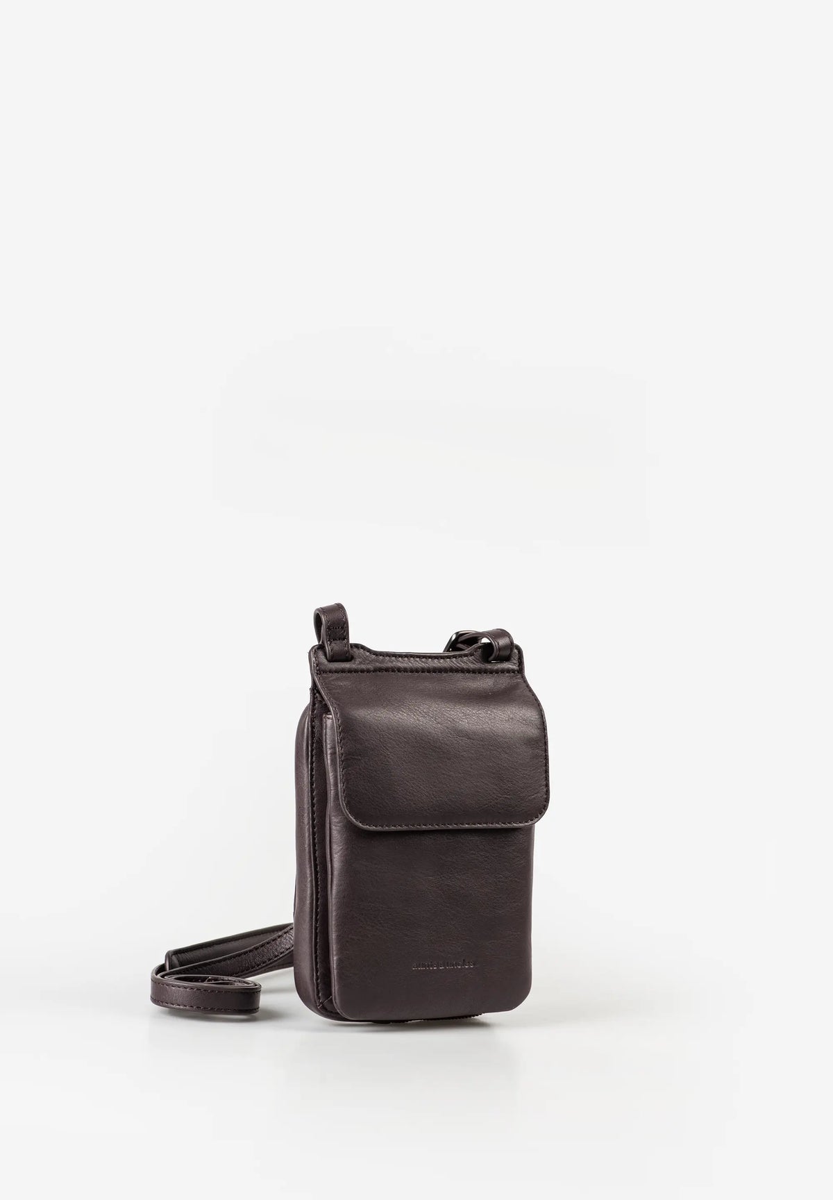 Aunts & Uncles Tulip Leather Phonebag Wallet. A dark brown leather crossbody phone pouch with a small top loop and a detachable shoulder strap, shown on a clean white background.