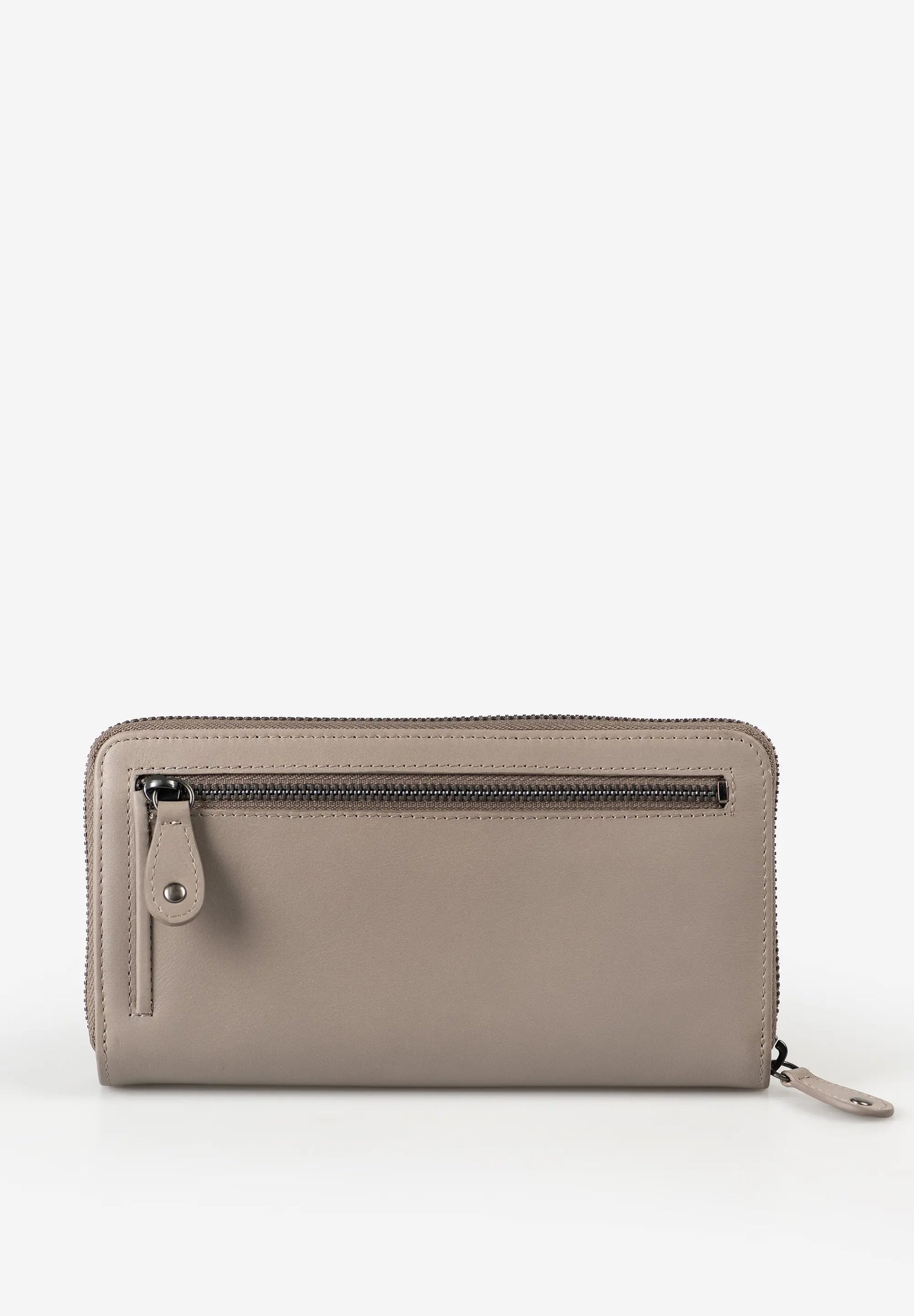 Aunts & Uncles Maple Leather Wallet. A taupe leather zip-around wallet with a front horizontal zipper and a small leather pull tab, shown on a clean white background.