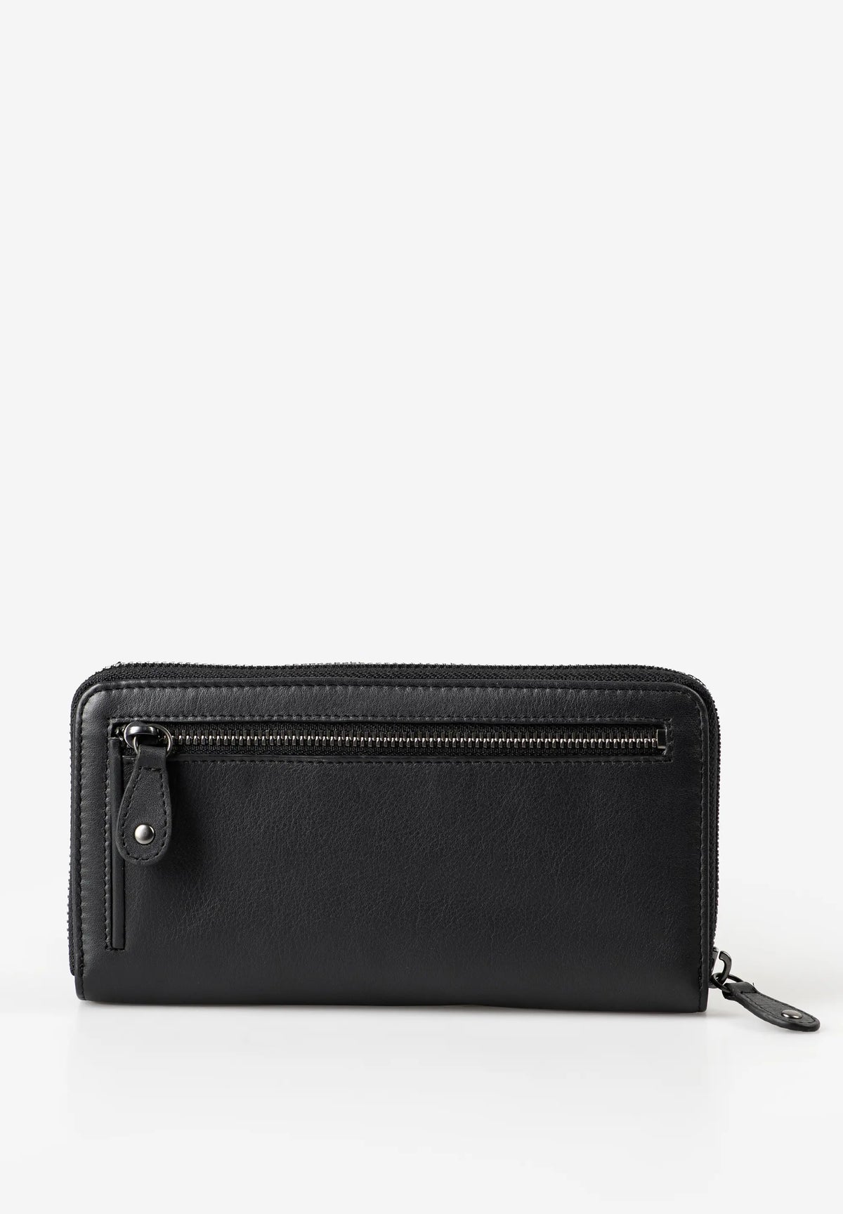 Aunts & Uncles Maple Leather Wallet. A black leather zip-around wallet with a front zippered pocket and a small silver-tone snap detail, shown on a clean white background.