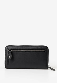 Aunts & Uncles Maple Leather Wallet. A black leather zip-around wallet with a front zippered pocket and a small silver-tone snap detail, shown on a clean white background.