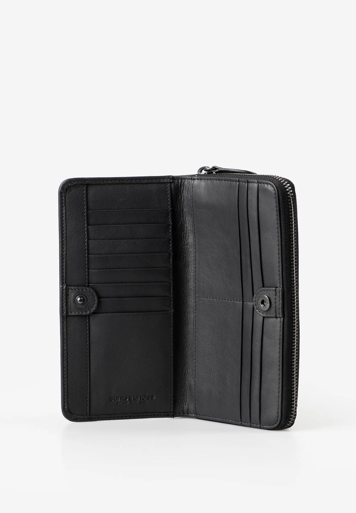 Aunts & Uncles Maple Leather Wallet. A black leather zip-around wallet shown open, displaying its interior card slots, snap-button closure, and zipper track on a clean white background.