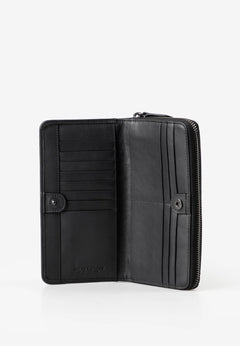 Aunts & Uncles Maple Leather Wallet. A black leather zip-around wallet shown open, displaying its interior card slots, snap-button closure, and zipper track on a clean white background.
