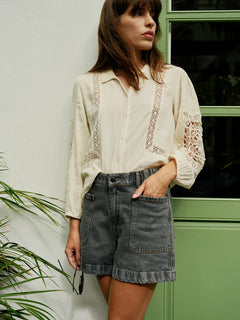Indi & Cold Lace Inset Double Gauze Blouse