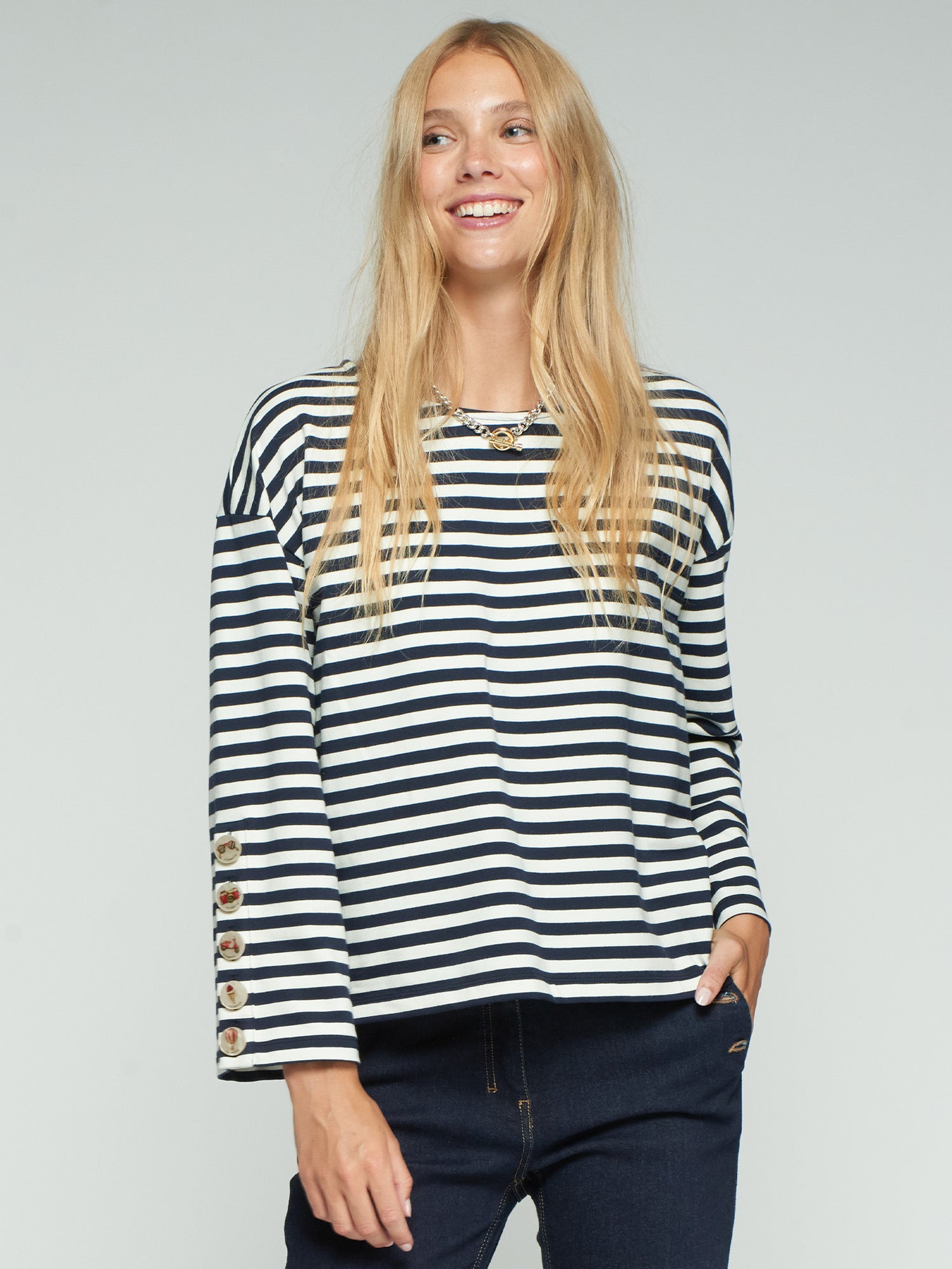 Vilagallo Striped Button Sleeve T-Shirt
