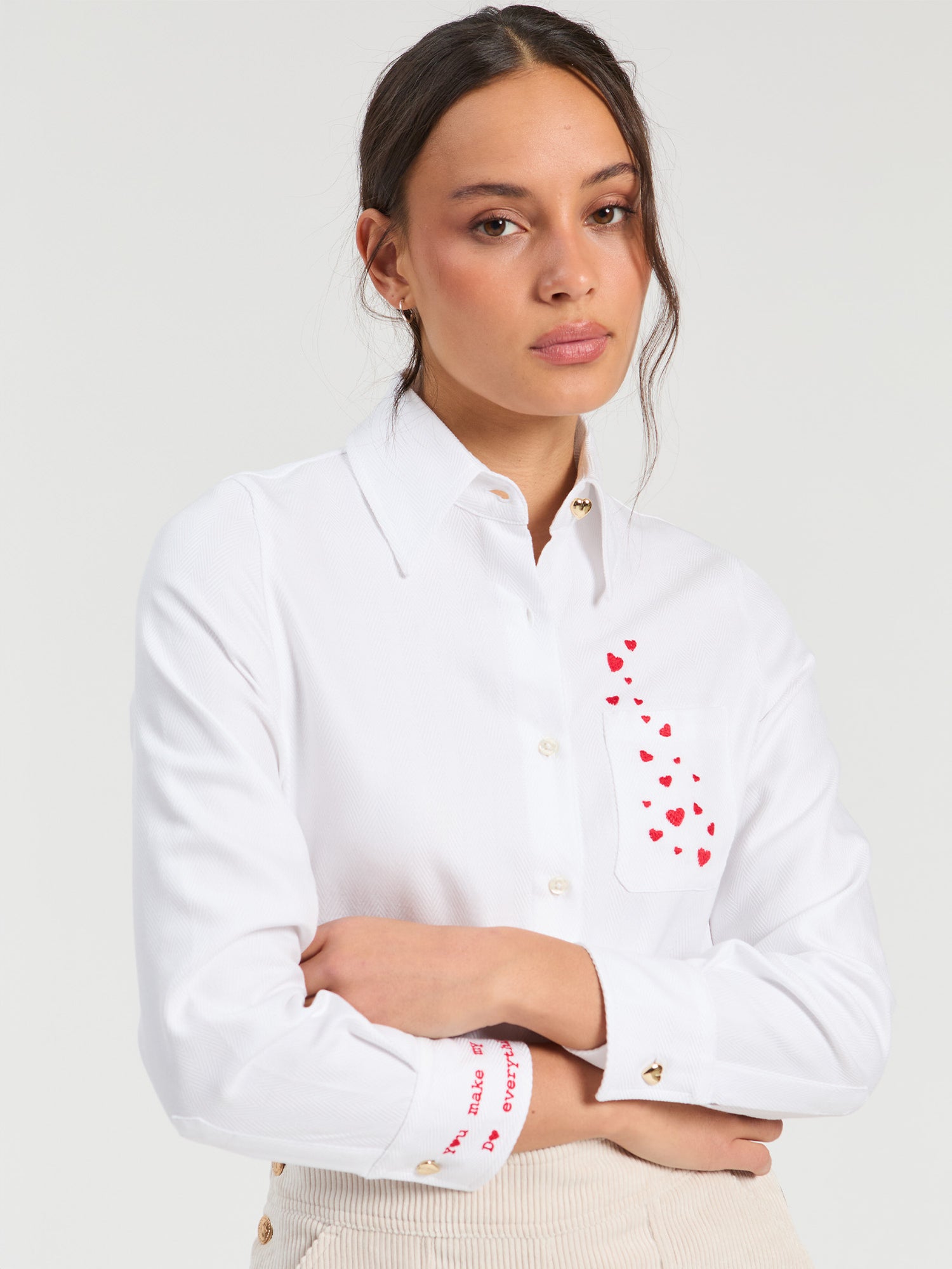 Vilagallo Herringbone Embroidered Hearts Blouse