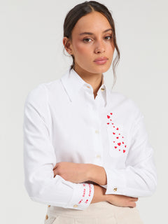 Vilagallo Herringbone Embroidered Hearts Blouse