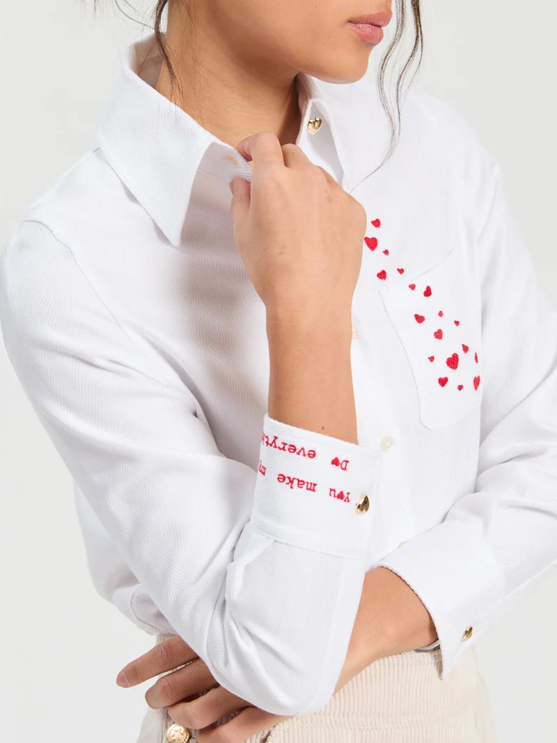 Vilagallo Herringbone Embroidered Hearts Blouse
