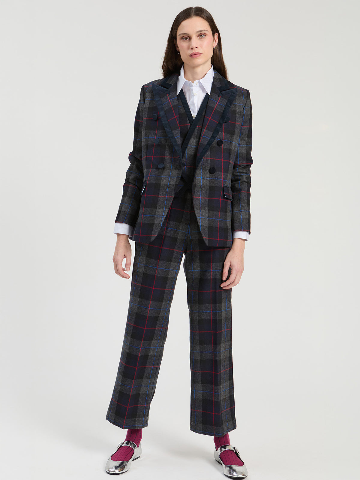 Vilagallo Velvet Trimmed Plaid Blazer