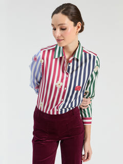 Vilagallo Colourblocked Striped Shirt With Embroidered Flowers