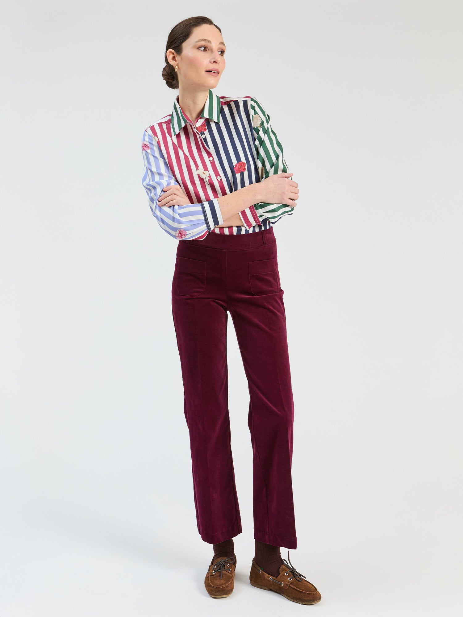Vilagallo Colourblocked Striped Shirt With Embroidered Flowers