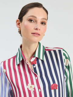 Vilagallo Colourblocked Striped Shirt With Embroidered Flowers