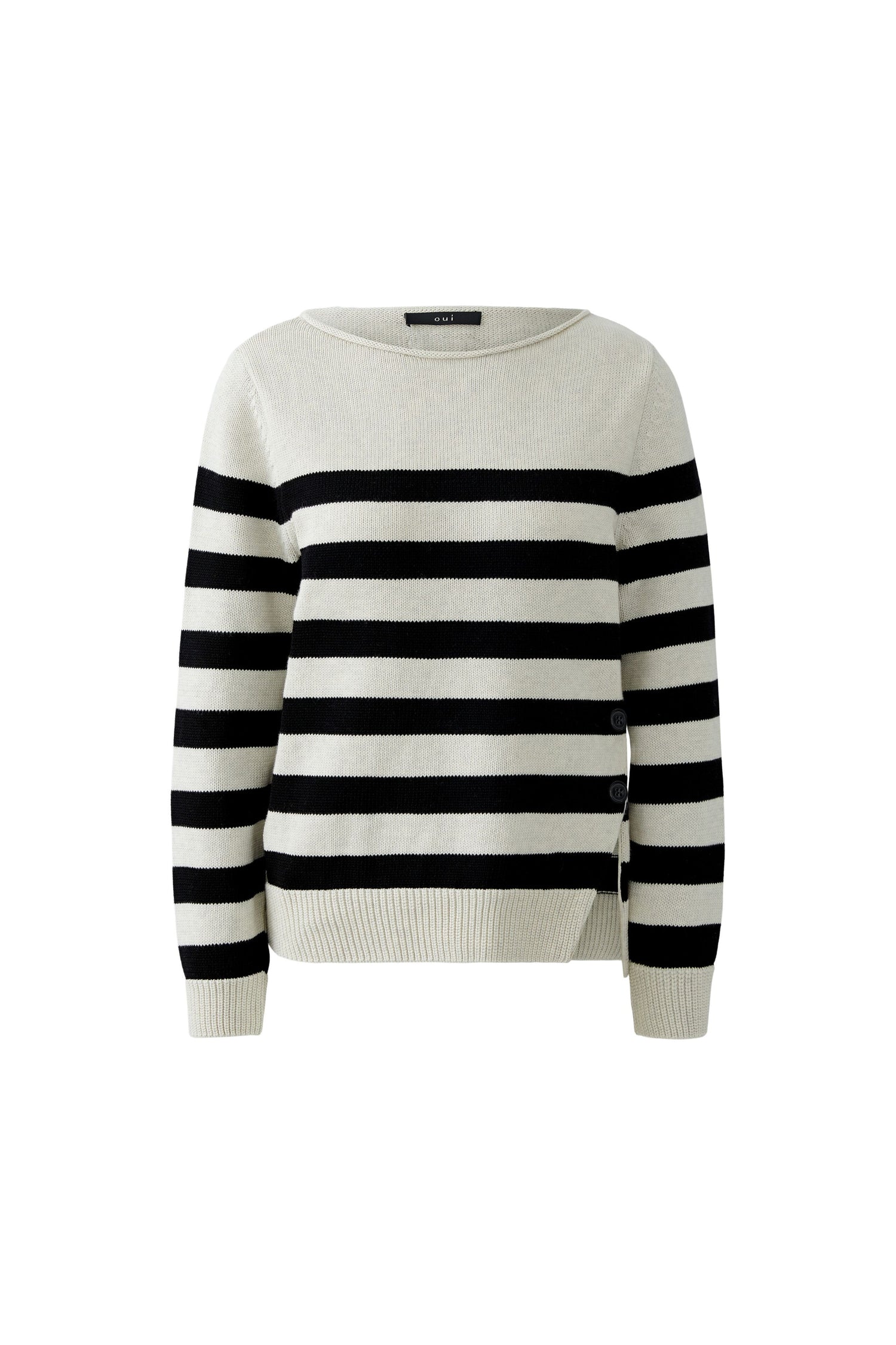 Oui Striped Cotton Sweater With Button Side Slit