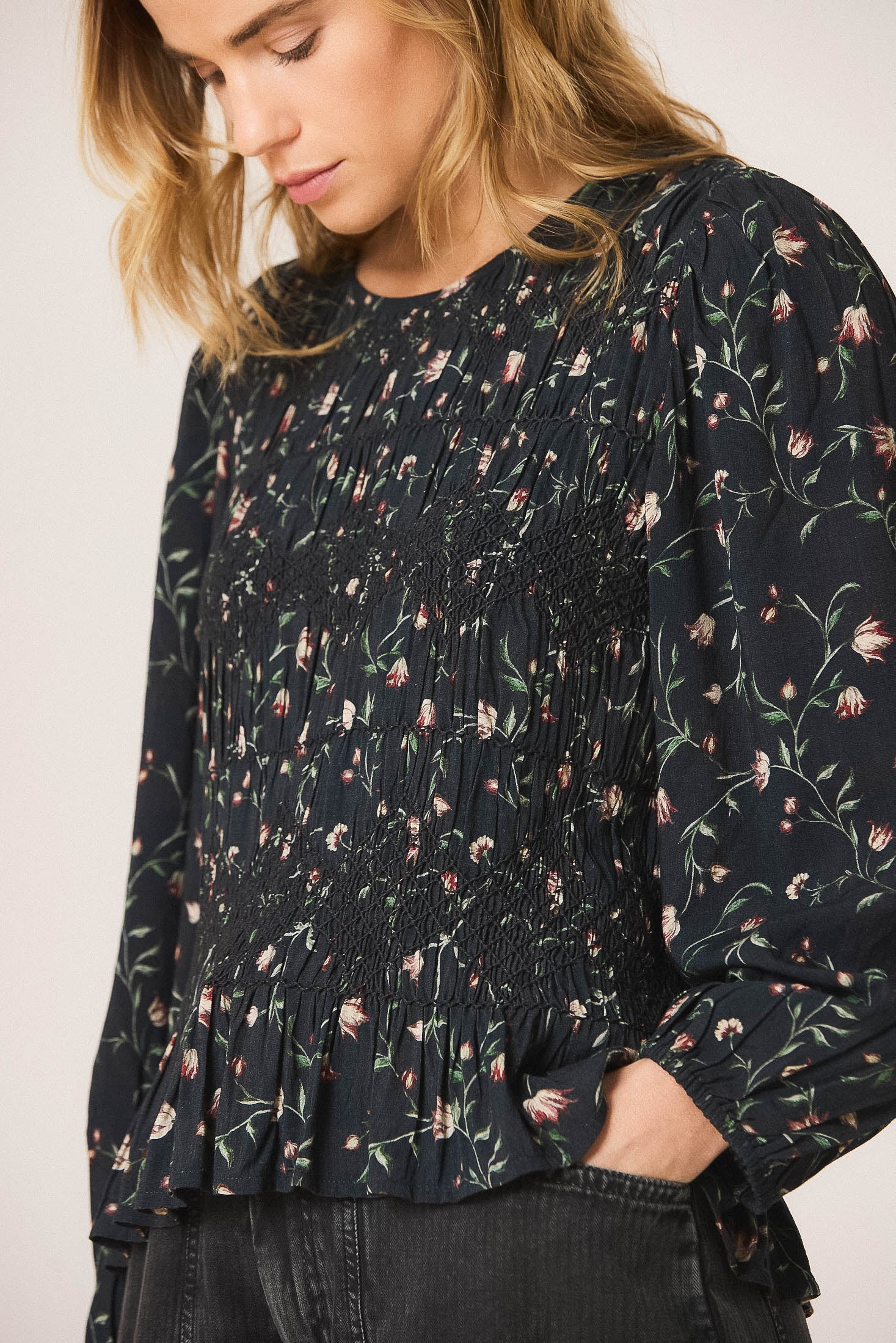Indi & Cold Printed Smocked Blouse