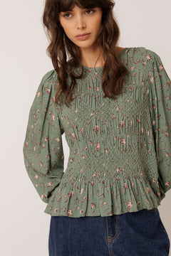 Indi & Cold Printed Smocked Blouse