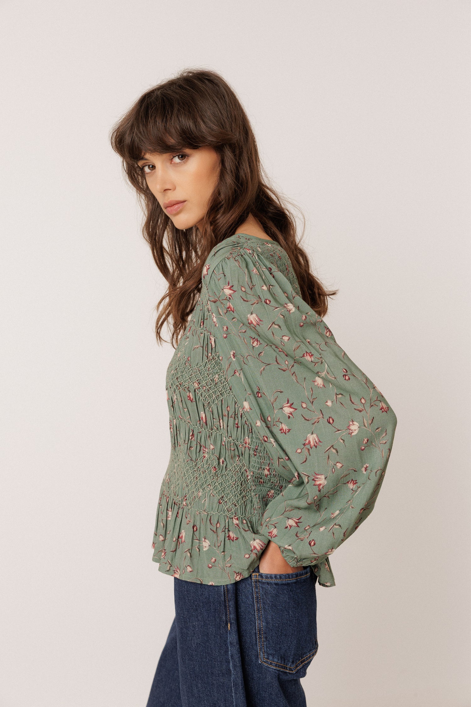 Indi & Cold Printed Smocked Blouse