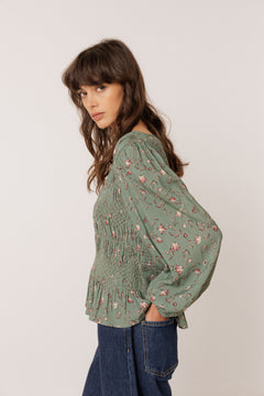 Indi & Cold Printed Smocked Blouse
