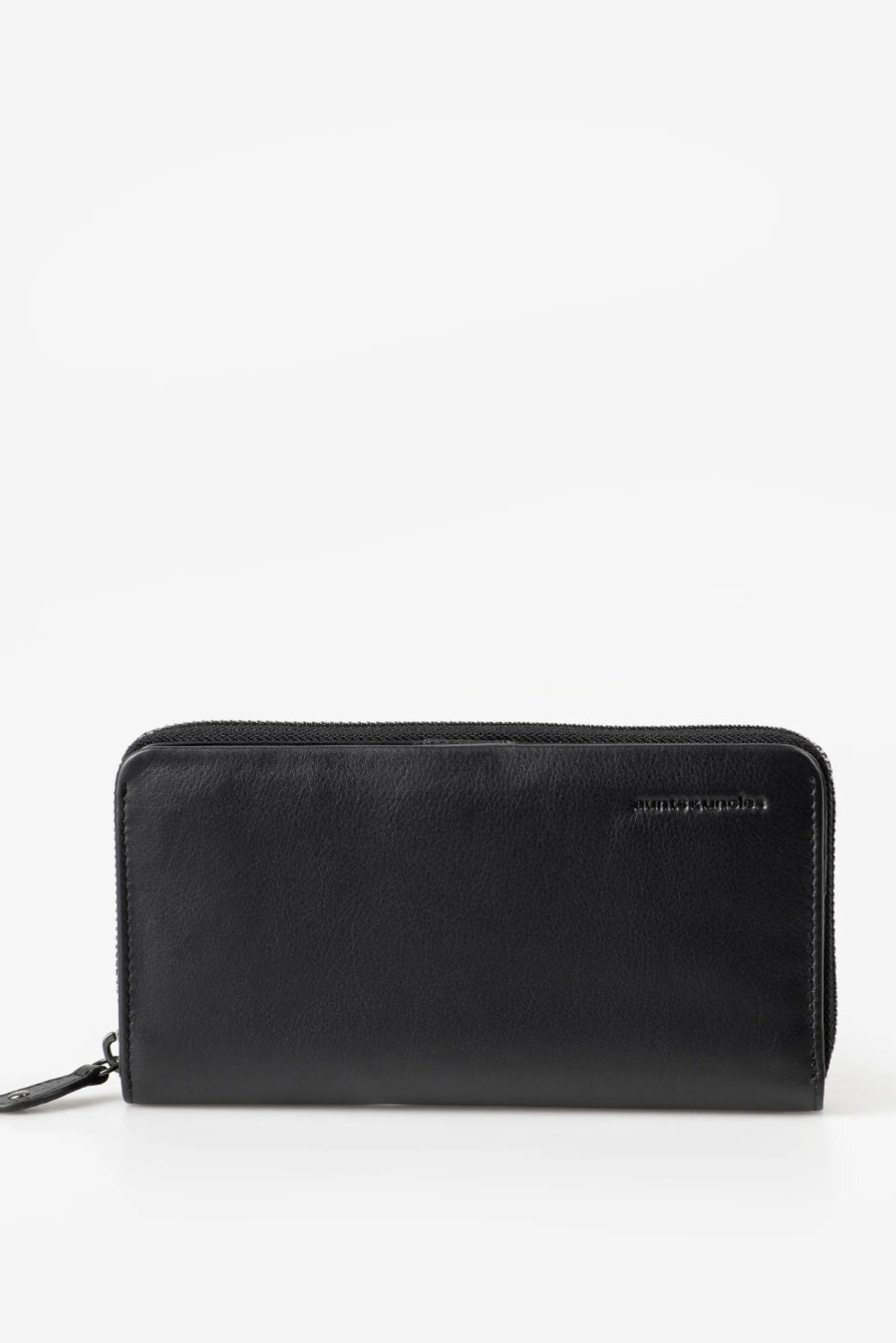 Aunts & Uncles Maple Leather Wallet. A black leather zip-around wallet with a subtle pebbled texture and a small debossed logo on the top right, shown against a plain white background.