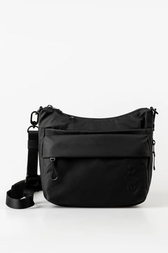 Aunts & Uncles Nanuki RE Lite Crossbody Bag. A black nylon shoulder bag with a front zippered pocket and an adjustable shoulder strap, shown on a clean white background.