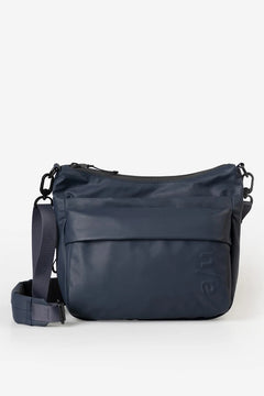 Aunts & Uncles Nanuki RE Lite Crossbody Bag. A navy blue nylon messenger bag with a front slip pocket, adjustable shoulder strap, and a subtle embossed logo, shown against a plain white background.