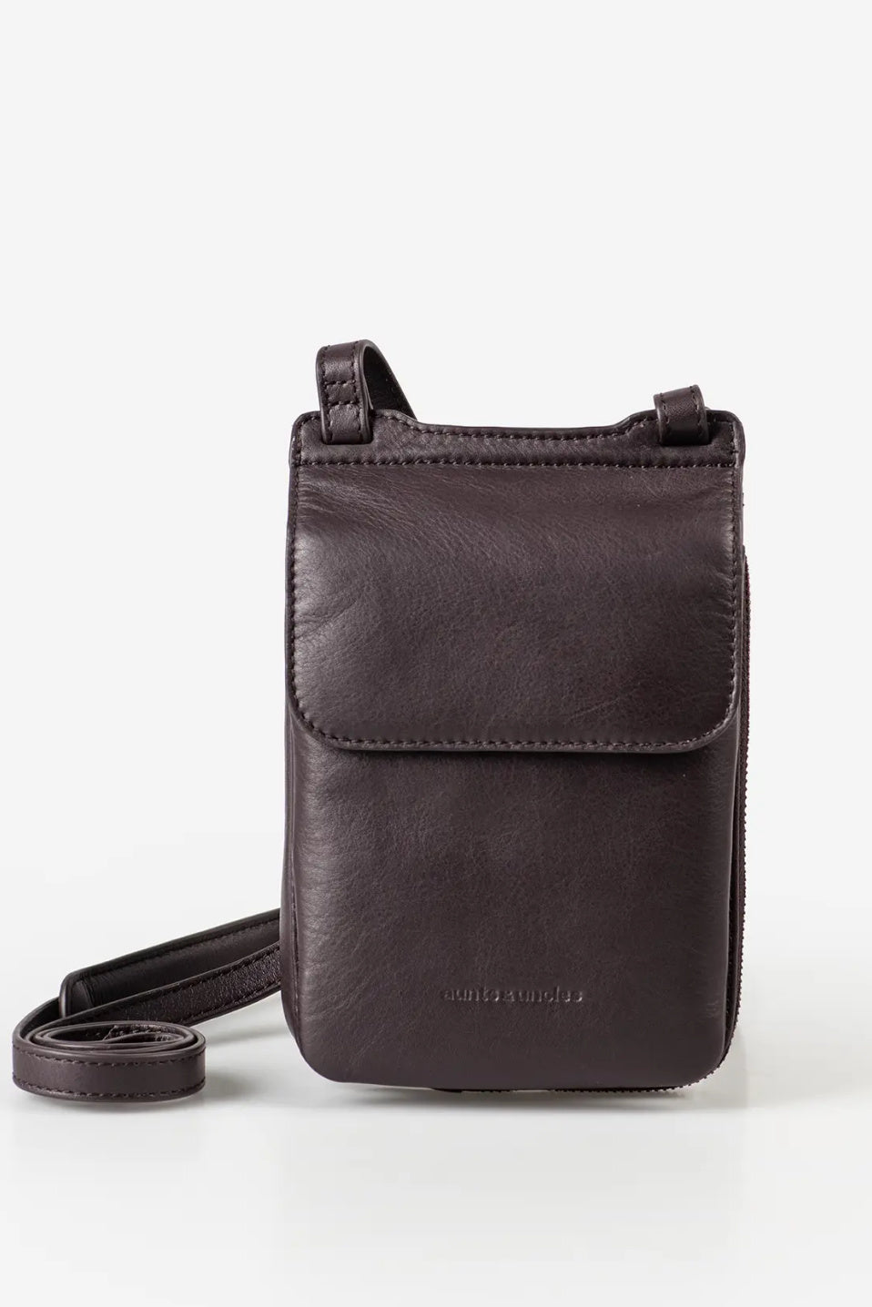 Aunts & Uncles Tulip Leather Phonebag Wallet. A dark brown leather crossbody phone pouch with a matching adjustable strap, displayed on a clean white background.