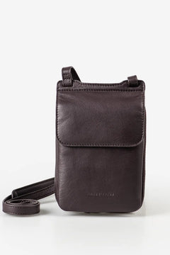 Aunts & Uncles Tulip Leather Phonebag Wallet. A dark brown leather crossbody phone pouch with a matching adjustable strap, displayed on a clean white background.