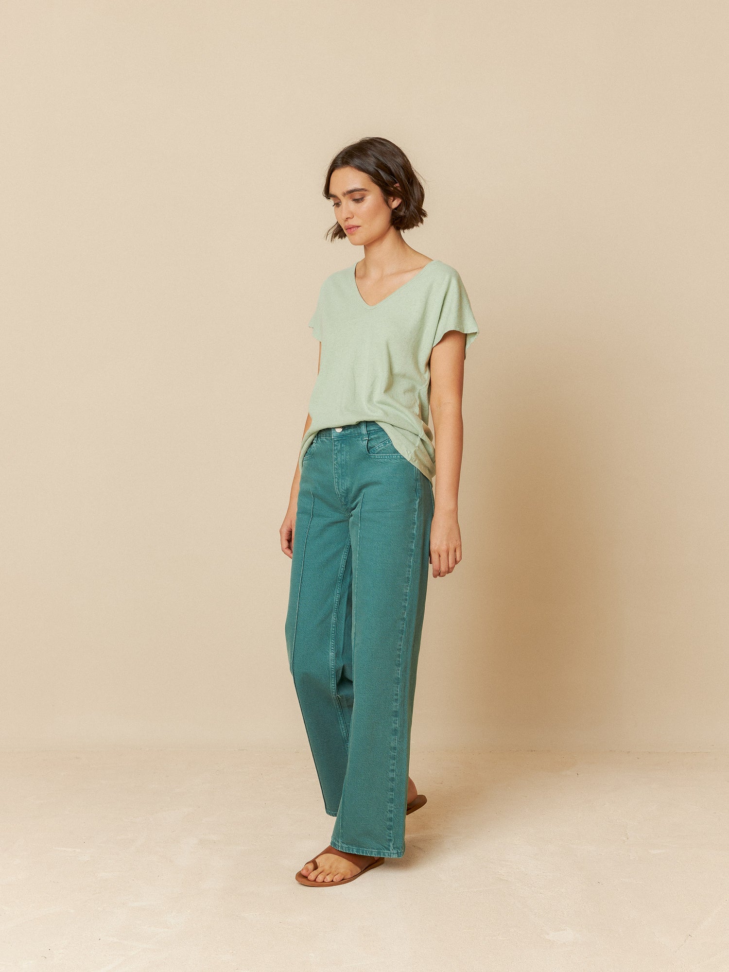 Indi & Cold V-Neck Cotton Linen T-Shirt