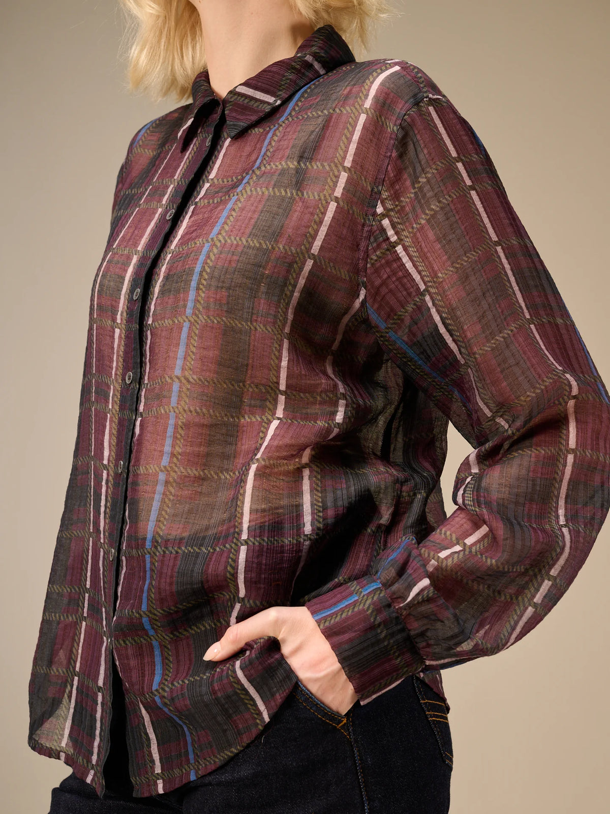 Nile Chiffon Print Plaid Blouse
