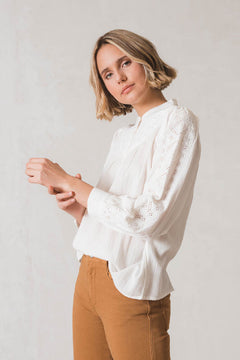 Indi & Cold Embroidered Arm Henley Style BlouseIndi & Cold Embroidered Arm Henley Style Blouse